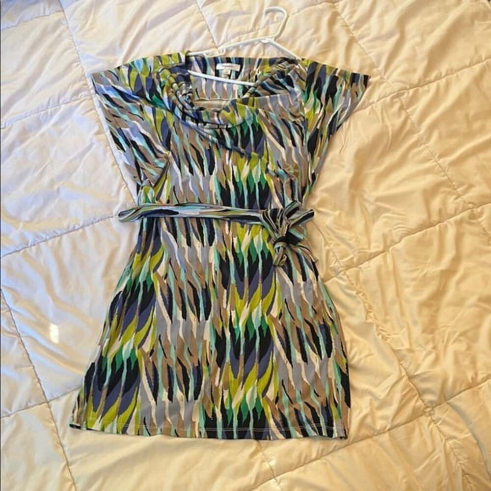 Dressbarn Blue/Green/Brown Striped Dress with Fabric Tie Belt